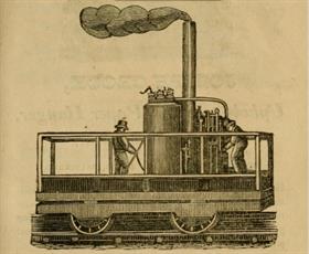 1831 drawing of a locomotive (likely the Tom Thumb) in Baltimore.